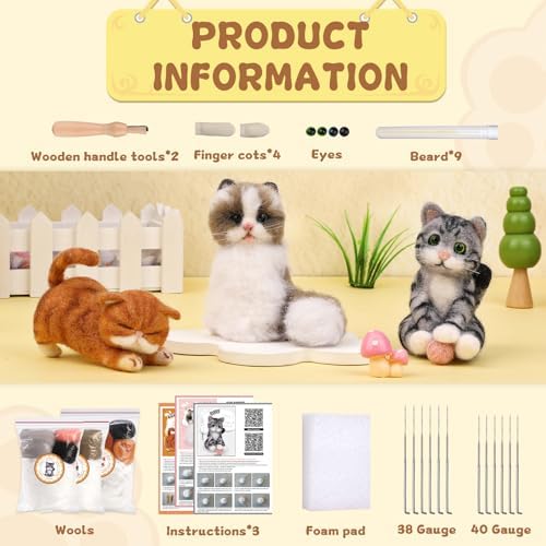 Mayboos Needle Felting Kit, 3 PCS Cat Animal Felting Kits for Beginners - Image 2