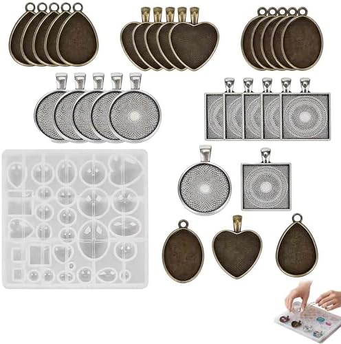 Resin Casting Mold Jewelry Making Kit with 30 Metal Pendant Trays and Silicone Mold, Heart Teardrop Round Oval Square Shapes for DIY Earrings Necklaces Bracelets Crafts Gifts by PLATEYTR