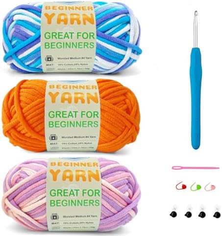 3 * 50g/1.76oz Yarn for Crocheting and Knitting, 3 * 60yds Beginner Yarn with Easy-to-See Stitches; Worsted-Weight Medium #4;Amigurumi-Friendly Crochet Kit(Lavender+Orange+Blue Sky) by SIXLAMB