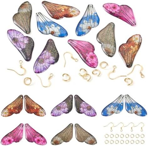 FASHEWELRY Resin Butterfly Wing Charms Transparent Wings Earring Charms Glitter Feather Pendants with Golden Jump Rings Earring Hooks for Crafts Jewelry Making (50Pcs/box) by FASHEWELRY