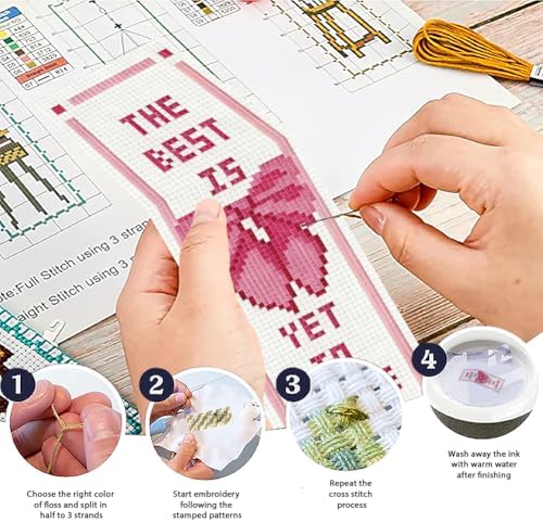 ACRNIGHEET 6PCS Cross Stitch Bookmark Kit for Beginner Cute Pink Bow Stamped Cross Stitch Kits Needlepoint Kit for Adults DIY Tassel Embroidery Bookmark Kits with Instructions Craft Gift 8.5"x3" 11CT - Image 4