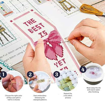 ACRNIGHEET 6PCS Cross Stitch Bookmark Kit for Beginner Cute Pink Bow Stamped Cross Stitch Kits Needlepoint Kit for Adults DIY Tassel Embroidery Bookmark Kits with Instructions Craft Gift 8.5"x3" 11CT - Image 4