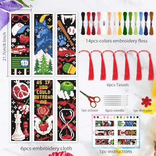 INFUNLY 6 Pack Cross Stitch Bookmark Kits Gothic Wolf Fruit Chess Pattern Embroidery Book Mark with Tassel DIY Counted Cross Stitch Supplies with Threads Needles Scissors for Book Lovers - Image 3