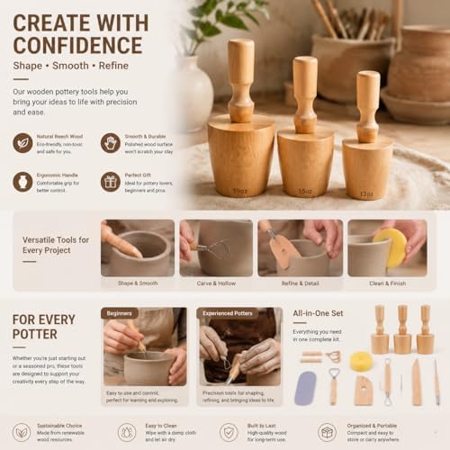 Pottery Molds for Handbuilding, 3 Sizes Ceramic Molds for Clay Mugs, 19oz/15oz/11oz Cup Forms with Ceramic Tools for Pottery, Sponge Scraper Rib Clay Knife, Beginner DIY Kit - Image 4