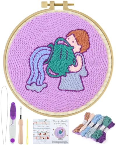 ERKOON Punch Needle Kit Beginners Adults, Zodiac Easy Embroidery Set for Starter Art Craft, Needling Punching Project with Patterns, Tools, Yarns, Hoop, Instruction (Aquarius) by ERKOON