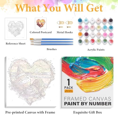 Framed Paint by Numbers Kit for Adults, Heart Seashell Beach Art 10x10 Inch - Image 5