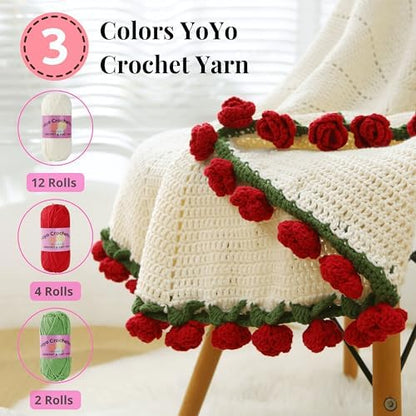 Yoyo Crocheted Rose Blanket Kit for Beginners, 40 inches Flower Bouquet Shawl Kits for Adults, Learn How to Knit with Yarn, Hook & Instructions, DIY Gifts for Women (Red Rose Bouquet Blanket Kits) - Image 2