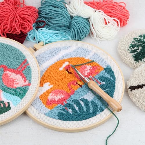 Sukhumvit 8PCS Punch Needle Coaster Kit, Beginners Adults Punch Needle Set with 8 Hawaiian Flamingos Tufted Patterns, Includes Yarn, Hoop&Pads, Starter Embroidery Kit DIY for Coaster & Home Decor - Image 5