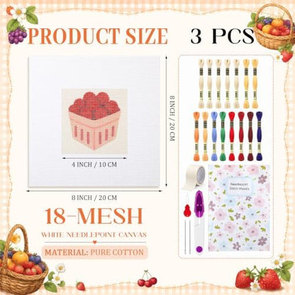 Irenare 3 Sets Fruit Needlepoint Kit for Beginners Embroidery Cross - Image 2
