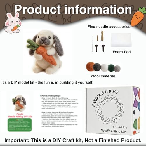 DIY Needle Felting Kit Cute Gray Lop-Eared Bunny Holding Carrot – Needle Felting Starter Kit with Fiber Roving, Needles, Felting Pad & Instructions | Felted Rabbit Kit for Beginners Adults - Image 3