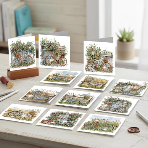 12 Pack Diamond Painting Greeting Cards Kit with Envelopes, 5D DIY Vintage Bicycle Flower Diamond Art Cards, Birthday Thank You Get Well Cards for Women Adults Beginners - Image 5