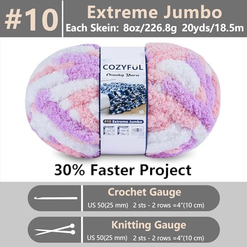 Cozyful Chunky Yarn for Hand Knitting - #10 Chunky Chenille Blanket Yarn, Jumbo Big Thick Chunky Yarns for Crocheting, Tie Dye Bulky Knit Yarns, 8 Skein (20 yds 8 oz Each Skein), Purple&Pink&White - Image 2