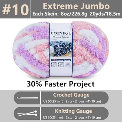 Cozyful Chunky Yarn for Hand Knitting - #10 Chunky Chenille Blanket Yarn, Jumbo Big Thick Chunky Yarns for Crocheting, Tie Dye Bulky Knit Yarns, 8 Skein (20 yds 8 oz Each Skein), Purple&Pink&White - Image 2