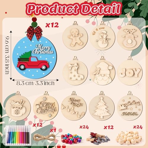 WATINC DIY 3D Christmas Ornaments Kit to Paint - 12 Styles Unfinished Wooden Hanging Decor with Raised Designs, Includes Paint Pens, Bells, Bows & Beads, Xmas Tree Art Crafts Supplies (Christmas) - Image 2
