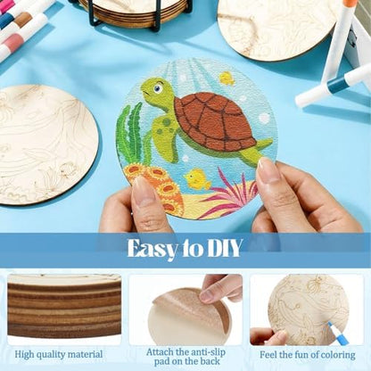 Reallnaive 45 Pcs Ocean Wooden Coasters Painting Kit, 4 Inch Paint Your Own Boho Coasters with Markers, Arts and Crafts for Adults Women Seniors Elderly Crafters Gifts - Image 4