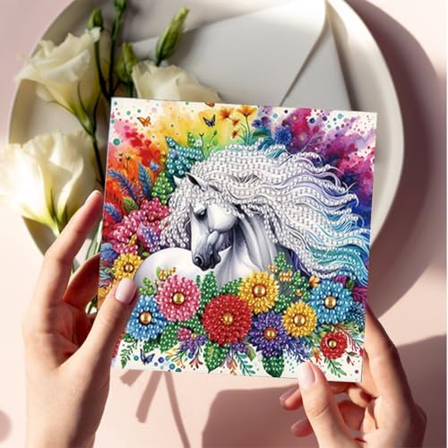 jinglinhh 6pcs Flower Horse Rose Sunflower Diamond Art Painting Greeting Cards with Envelopes, DIY Card Making Kits for Adults, Diamond Art Postcards Holiday Cards Craft Gifts - Image 6