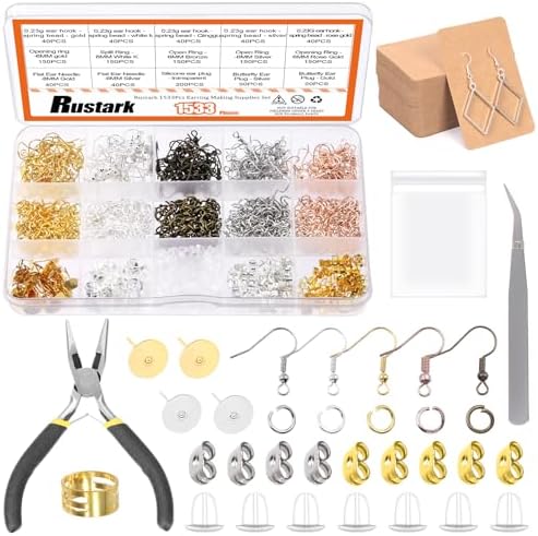 Rustark 1533Pcs Hypoallergenic Earring Making Supplies Kit with Earring Hook, Earring Back, Earring Posts, Jump Ring, Jewelry Pliers, Earring Holder Card, Clear Bag for Jewelry Making Earring Repair by Rustark