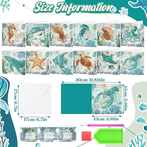 Saillong 12 Pack Summer Ocean Diamond Painting Greeting Card Kits DIY Under the Sea Diamond Art Cards with Envelopes Ocean Animals 5D Rhinestones Painting Making Kits for Adults DIY Craft Family Gifts - Image 4