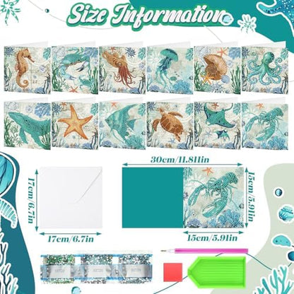 Saillong 12 Pack Summer Ocean Diamond Painting Greeting Card Kits DIY Under the Sea Diamond Art Cards with Envelopes Ocean Animals 5D Rhinestones Painting Making Kits for Adults DIY Craft Family Gifts - Image 4