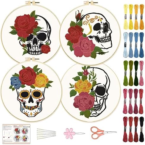 BEUNITONE 4 PCS Skull Embroidery Kit Flower Cross Stitch Kit for Beginners Adults Brain Embroidery Starter Kit Bone Needlepoint Kit for Beginners Inner DIY Embroidery kit with Instructions Home Decor by BEUNITONE