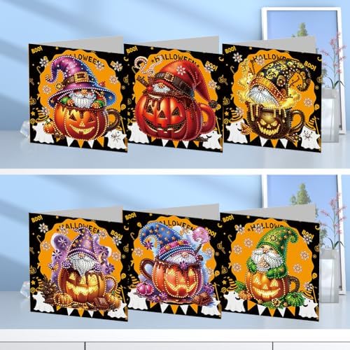 jinglinhh 6pcs Diamond Art Painting Halloween Pumpkin Chocolate Drink Gnome Greeting Cards with Envelopes, DIY Card Making Kits for Adults, Diamond Art Postcards Holiday Cards Craft Gifts - Image 5