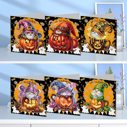 jinglinhh 6pcs Diamond Art Painting Halloween Pumpkin Chocolate Drink Gnome Greeting Cards with Envelopes, DIY Card Making Kits for Adults, Diamond Art Postcards Holiday Cards Craft Gifts - Image 5