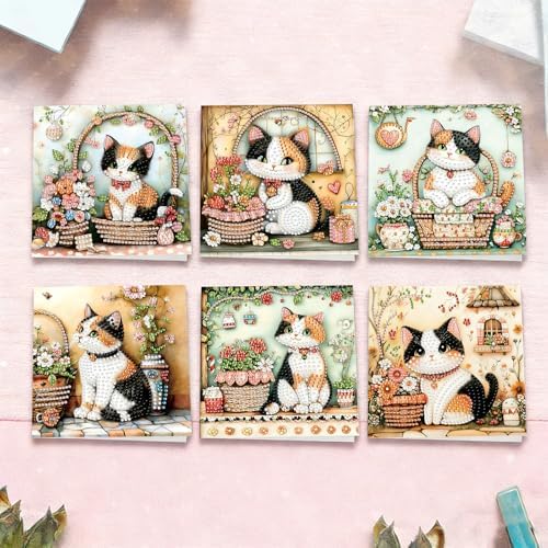 6pcs Little Garden Cat Diamond Art Painting Greeting Cards Kit with Envelopes, 5D DIY Special Shaped Card Making Kits for Adults, Holiday Birthday Postcards, Creative Craft Gifts - Image 4