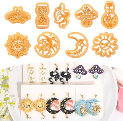 Puocaon Mystic Boho Clay Cutters - 9 Pcs Polymer Clay Cutters for Earrings Jewelry, Mushroom Sun Moon Moth Snake Bottle Shape by PuocaonPolymerClayTools