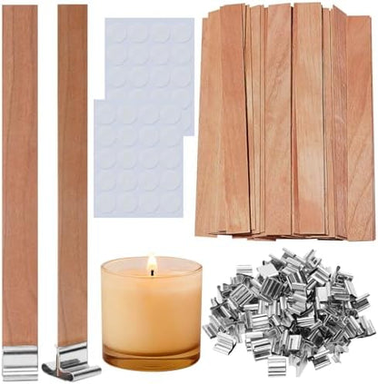 140 Pcs Wooden Candle Wicks Kit, Includes 50 Wood Wicks (5.1 x 0.5in), 50 Iron Stands and 50 Wick Stickers, Naturally Smokeless Candle Cores for DIY Candle Making by Unknown