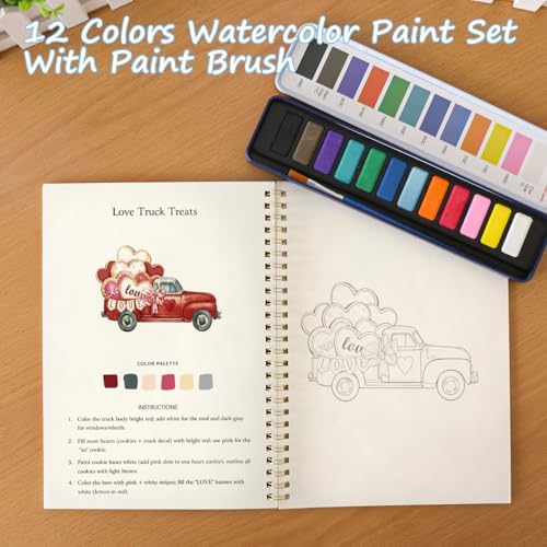 Beginner Watercolor Painting Kit Watercolor Workbook Coloring Book 12 Colors Paint Set with Brush, DIY Valentine's Day Cards Easily Master Beginner Friendly Watercolor Paint Set Valentine's Day Gifts for Adults Teens. (Valentine's Day) - Image 5