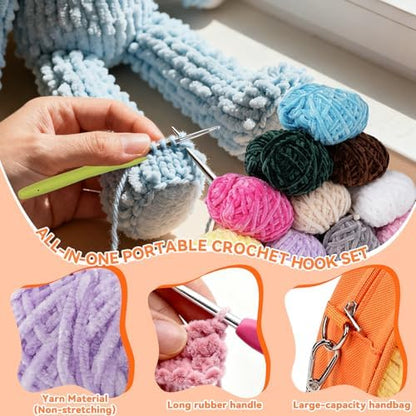 Wadukud 36 PCS Chenille Crochet Kit - First Crochet Set for Beginner Include 10 Solid Color Super Soft Chenille Cotton Yarn for Crocheting, Crochet Hooks, Instruction, Bag, Crochet Supplies Gift - Image 5