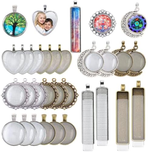 Bezel Pendant Trays with Glass Cabochons for Jewelry Making, 5 Styles by Unknown