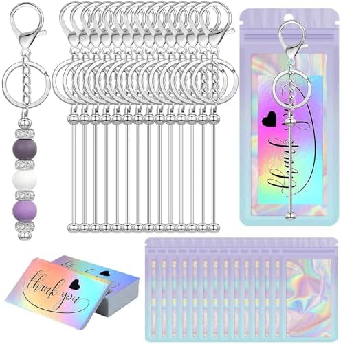 42/84/126 Pcs Beadable Keychain Bars Bulk Blank DIY Beaded Keychain Making Supplies with Bag Thank You Card by Unknown