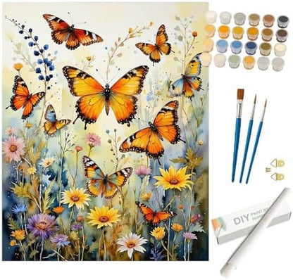 Floral Paint by Numbers Kit for Adults - DIY Orange Butterflies and Wildflowers Painting on Rolled Canvas 16x20 Inches, Acrylic Paint Set, Suitable for Beginners, Art for Home Decoration or Gifts by Unknown