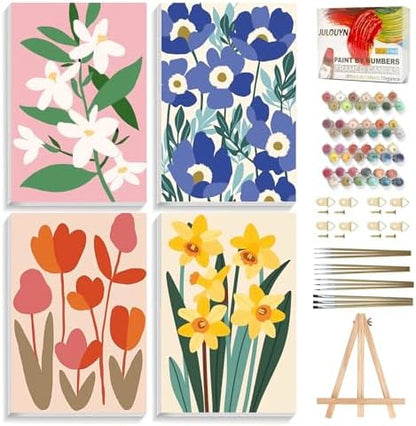 JULOUYN 4 Pack Flower Paint by Numbers Kit for Adults with Framed 8x12in by JULOUYN