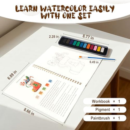 Watercolor Workbook for Adults, Beginner Friendly Watercolor Painting Kit Christmas Water Coloring Book, Nature-Themed Practice Art Gift Water Color Paint Book with Palette and Brush - Image 4