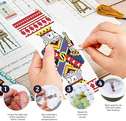 FREEBLOSS 6 Set Cross Stitch Bookmarks Kit Poker Stamped Cross Stitch Kit DIY Embroidery Bookmark Set with Instruction for Adults Beginners Gift for Reading Enthusiasts 8 * 2.4inch 11CT - Image 4