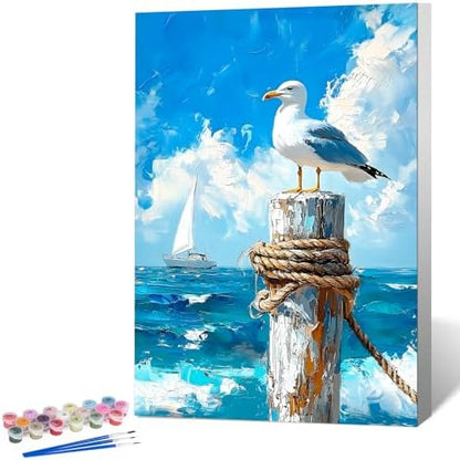 Framed Paint by Numbers Kit for Adults, Seagull Ocean Decor 8x12 Inch by Okarina