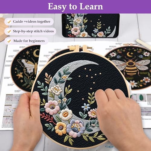 Uniartfy 3 Sets Butterfly Bee Moon Embroidery Kits for Beginners, DIY Cross Stitch Starter Craft Kit for Adults, Needlepoint Kits Including Cloth with Flower Plant Pattern, Hoop, Tools, Instructions - Image 3