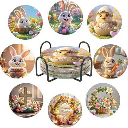 UPINS 8 Pieces Easter Diamond Art Coasters,Bunnies Diamond Art Coaster for Adults Diamond Kits Supplies for Spring Easter Gift by UPINS