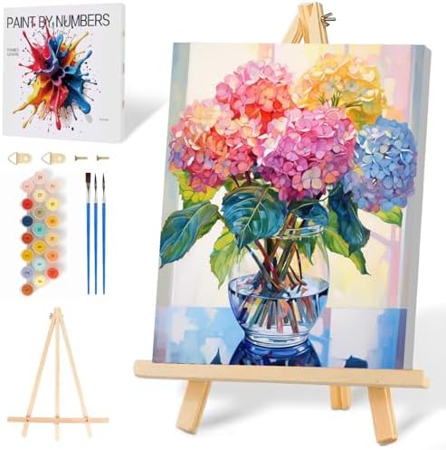 Mowana Easy Paint by Numbers Kit for Adults Beginners, Adult Painting Kit by Numbers with Frame and Easle, Stretched Canvas Hydrangea Paint by Number Kit, 8x12inch by Mowana