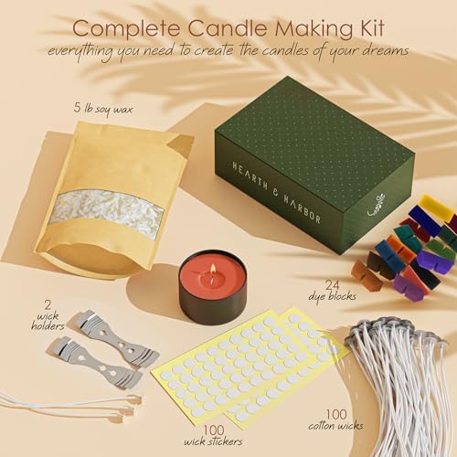 Hearth & Harbor Natural Soy Wax and DIY Candle Making Supplies - 5 Lbs Soy Candle Wax Flakes, 24 Candle Wax Dye Blocks, 100 Cotton Wicks, and 2 Metal Centering Device, Multicolored - Image 2