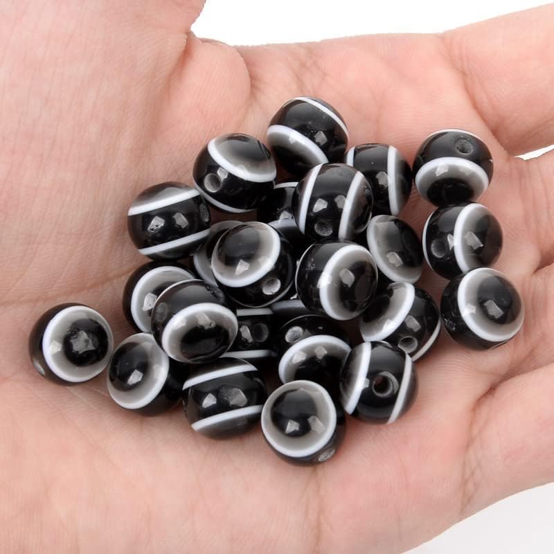 200pcs Sphere Round Evil Eye Beads Handmade Resin Lampwork Beads 8mm Charms Spacer Bead with Elastic Rope for Bracelets Necklace Jewelry Craft Making (Sphere Round-Black) - Image 2