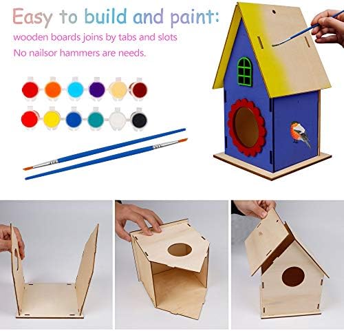 Glintoper Art Craft Wood Toys for Kids, 4 Pack DIY Bird House Kit Painting Puzzle DIY Wooden Assembly, Build and Paint Birdhouse, Include Paints & Brushes, Wooden Arts for Girls Boys Toddlers - Image 4