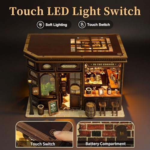 Book Nook Kit for Adults, DIY Miniature House Kits, Corner Tavern 3D Wooden Dollhouse with Sensor LED Light, Corner Bar Building House Bookend Model Craft, Home Bookshelf Decor Birthday Gift - Image 5