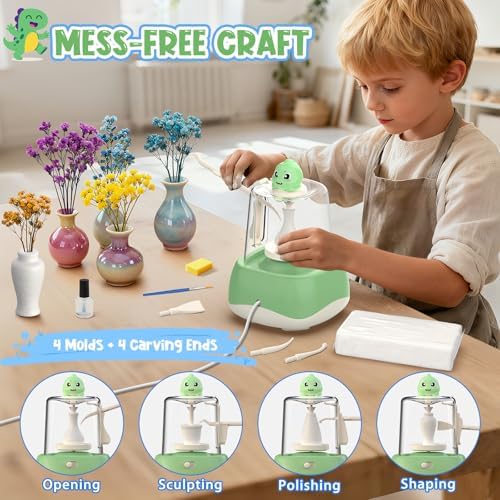 Mini Pottery Wheel for Kids - Fingertip Pottery Painting Craft Kit with 2.3in Turntable, Clay and Flowers, Mess Free Arts & Crafts Toys Birthday Christmas Gift for Girls Boys 6 7 8 9 10 11 12+, Green - Image 3