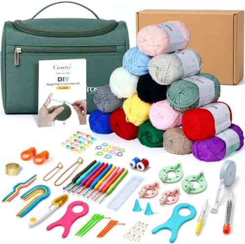 15 Yarns Crochet Kit for Beginners Kids, Adults & Teens – Complete Crochet Starter Kit with Ergonomic Hooks, Needle, Bag & More – Knitting & Crochet Supplies Perfect for Gifting by Unknown