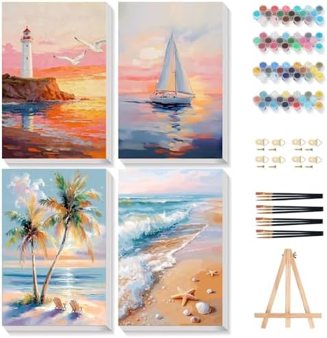 Gemozaic 4 Pack Beach Framed Paint by Numbers Kit for Adults, 8 x 12 Inch by Gemozaic