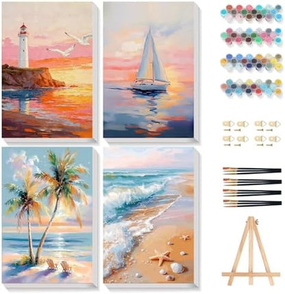Gemozaic 4 Pack Beach Framed Paint by Numbers Kit for Adults, 8 x 12 Inch by Gemozaic