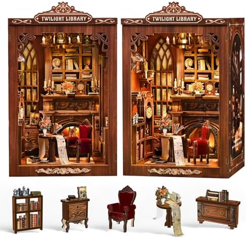 Twilight Library Book Nook Kit - DIY Miniature Dollhouse with LED Warm Light, 3D Wooden Puzzle Bookends, Immersive Miniature, Stress Relief Craft Gift for Adults Teens, Aesthetic Home Decor - Image 6